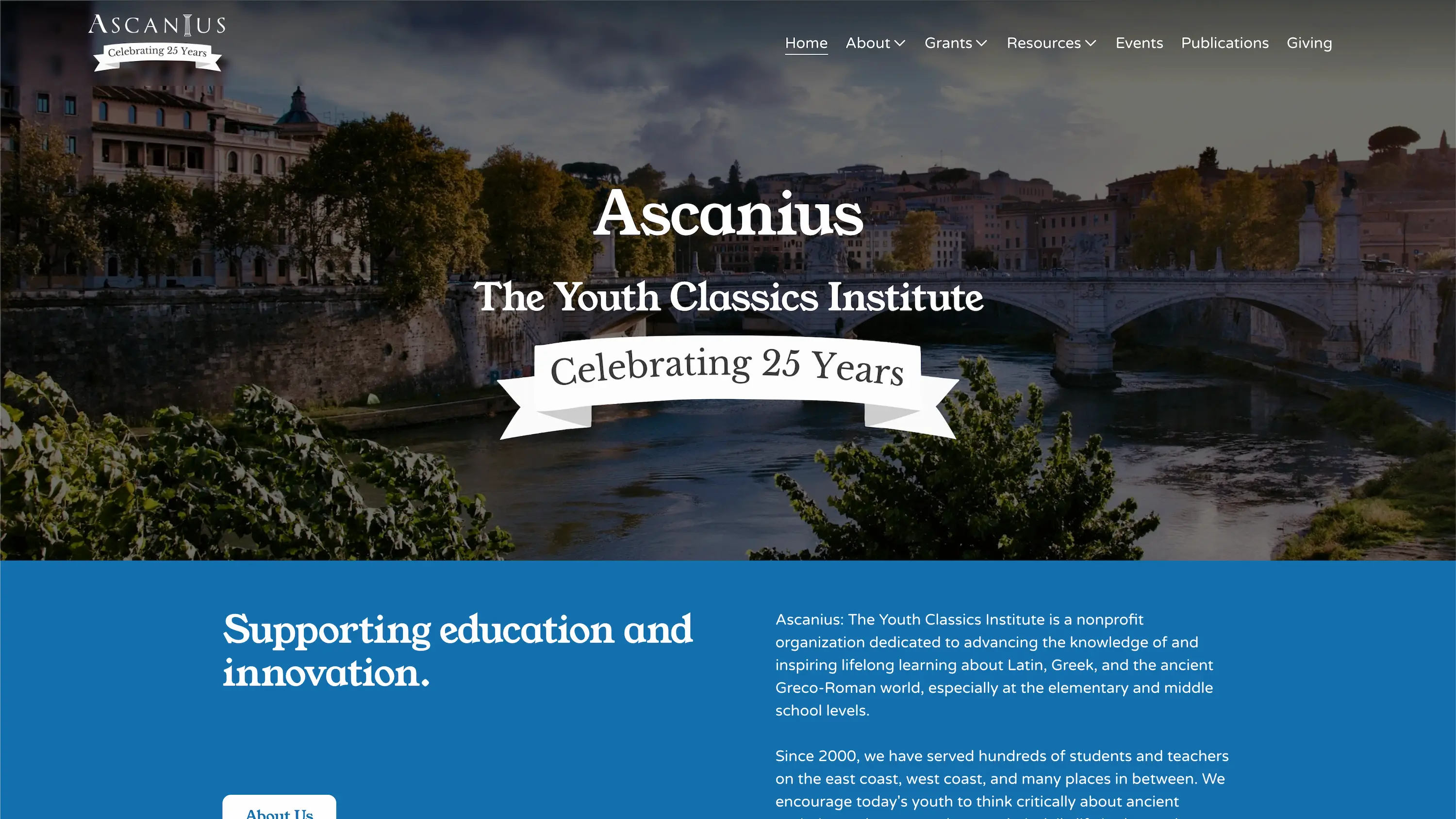 The redesigned Ascanius homepage with clear paths to educational programs and resources