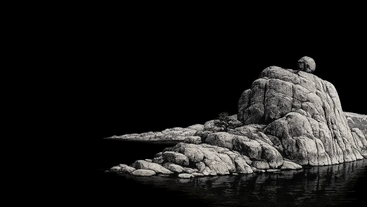 Drawing of Watson Lake rocks in the water